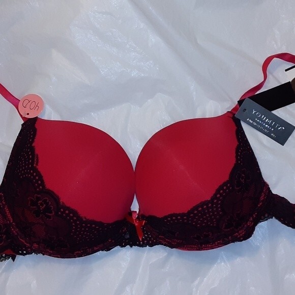 Youmita Red 40D Floral Lace Overlay Plunge Bra NWT - Picture 6 of 8